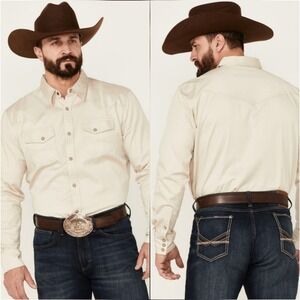 Blue Ranchwear Shirt Men SZ Large Beige Western Pearl Snap Rodeo Cowboy Work